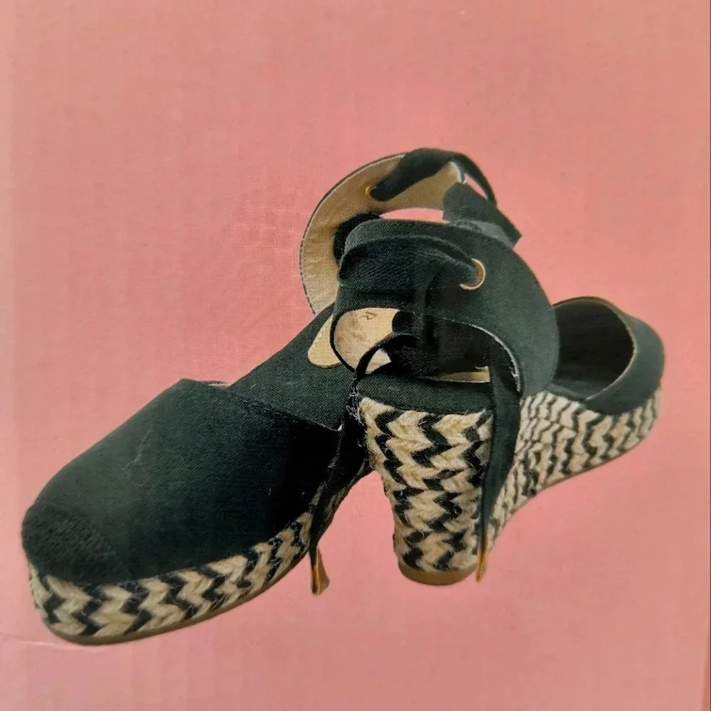 Black tan ladies platform wedge heeled sandals tie around ankle casual or dressy